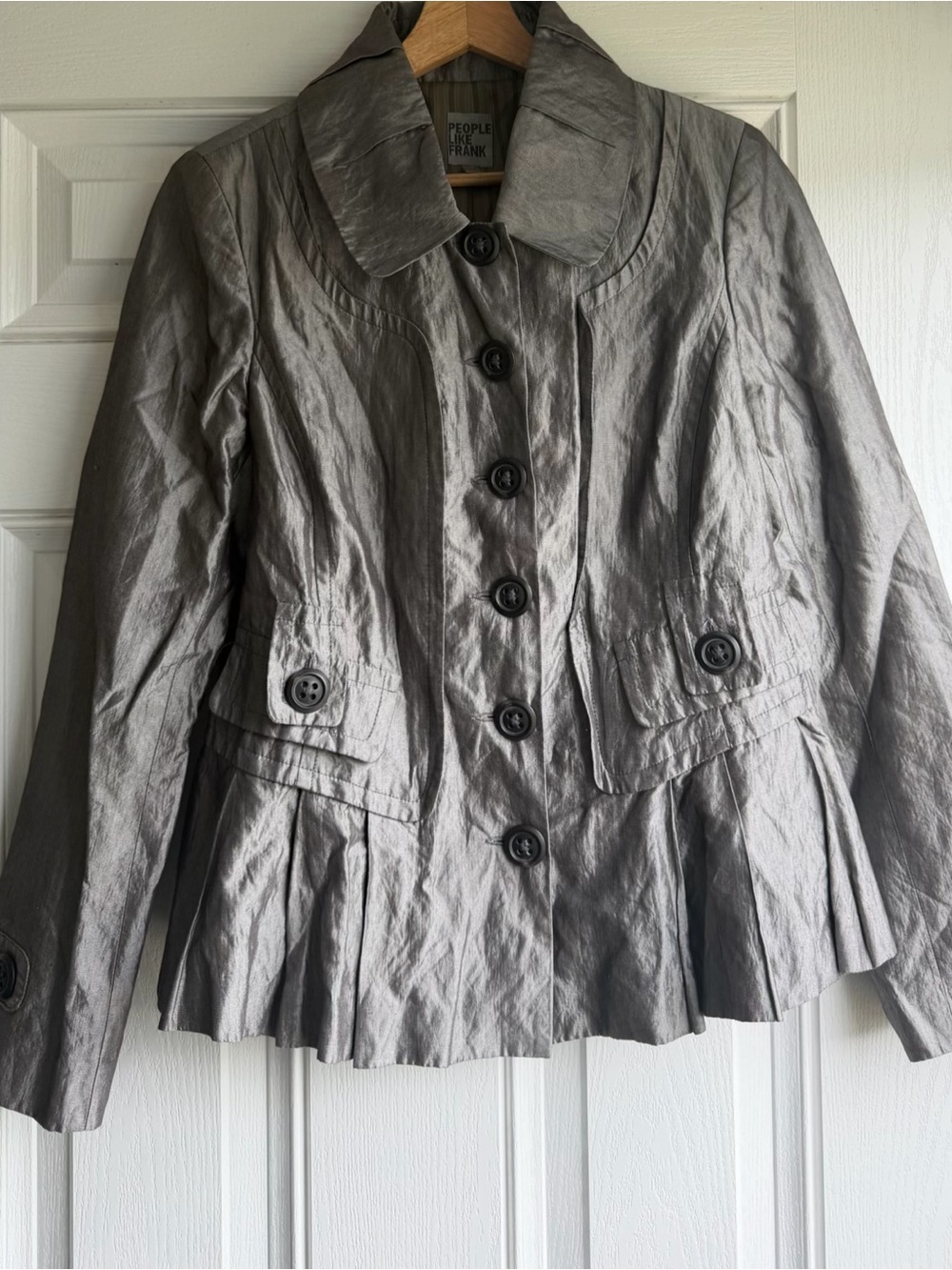 People Like Frank Metallic Silver Pleated Hem Button Jacket
